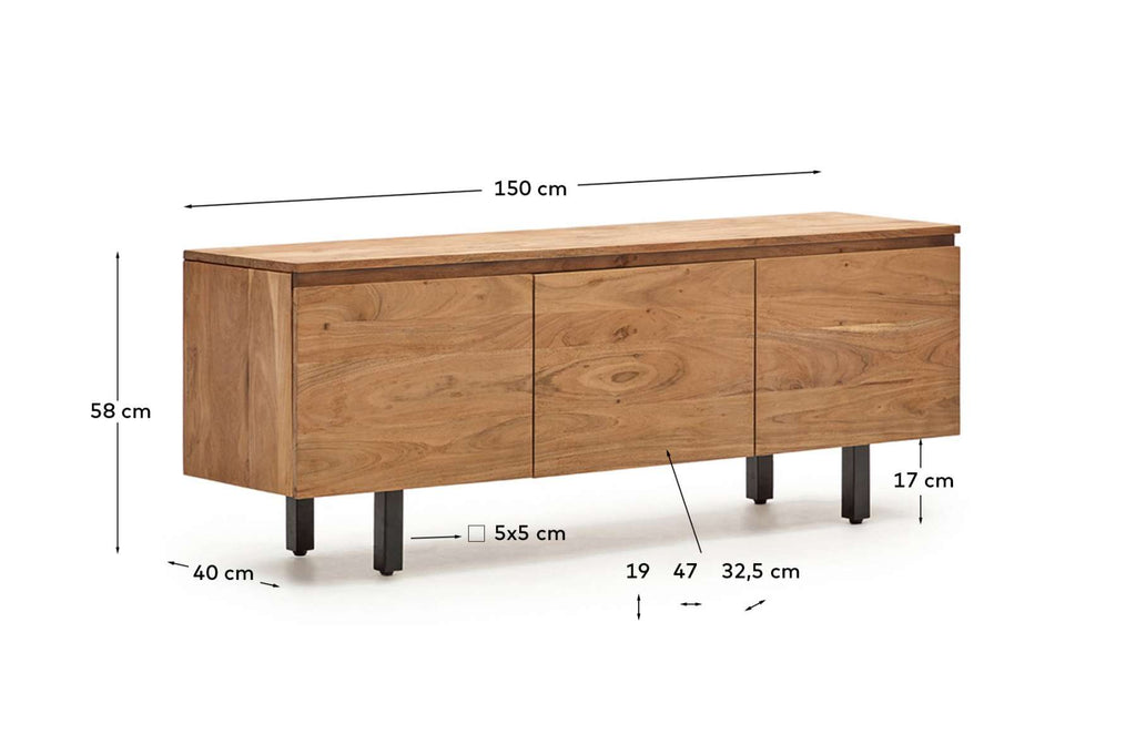 Uxue 3-door TV stand in solid acacia wood