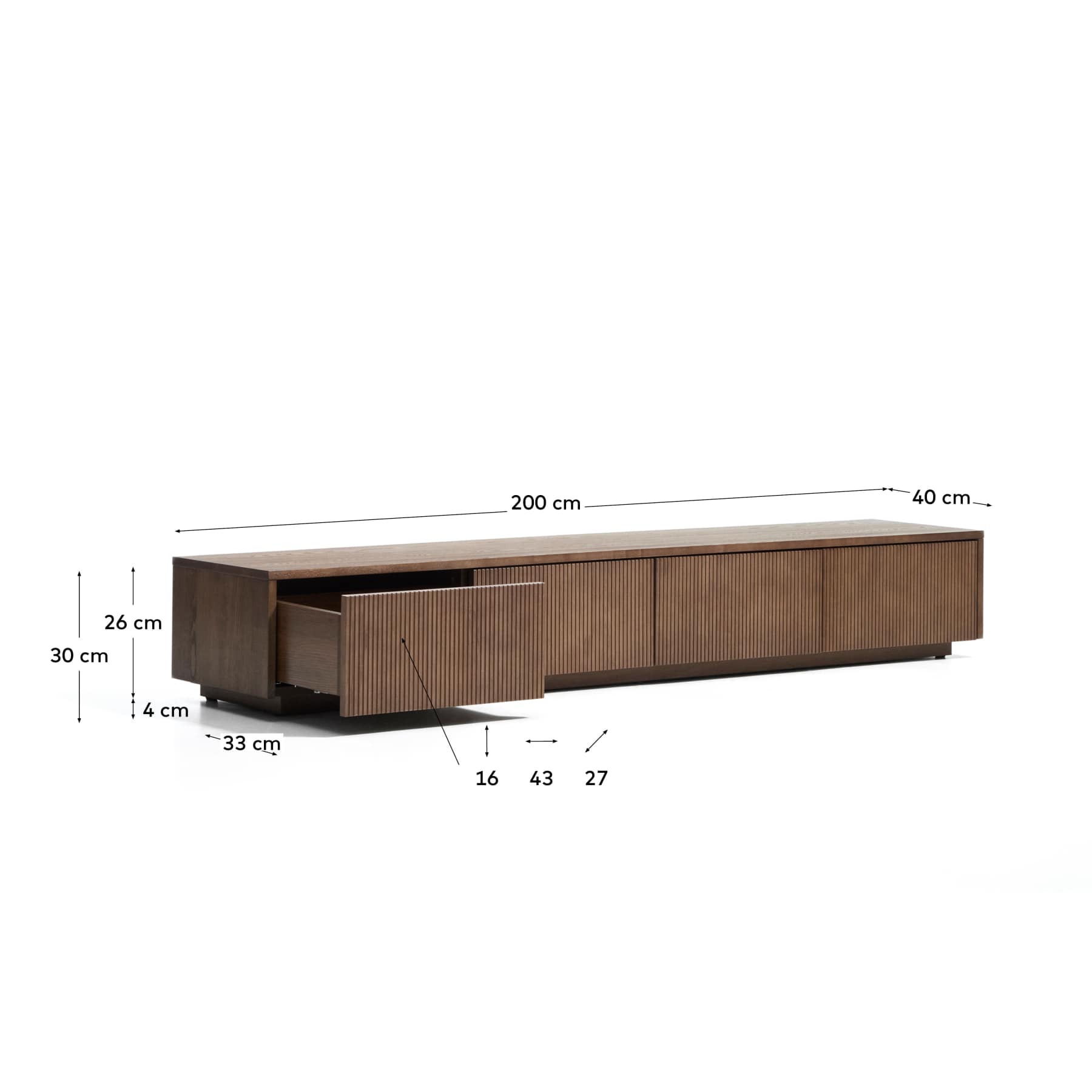 Helvine 4-drawer TV stand in ash veneer with walnut finish