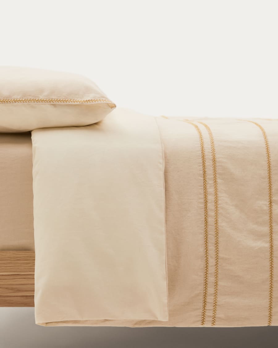 Linara Set of Duvet Cover and Pillowcases in Beige Cotton