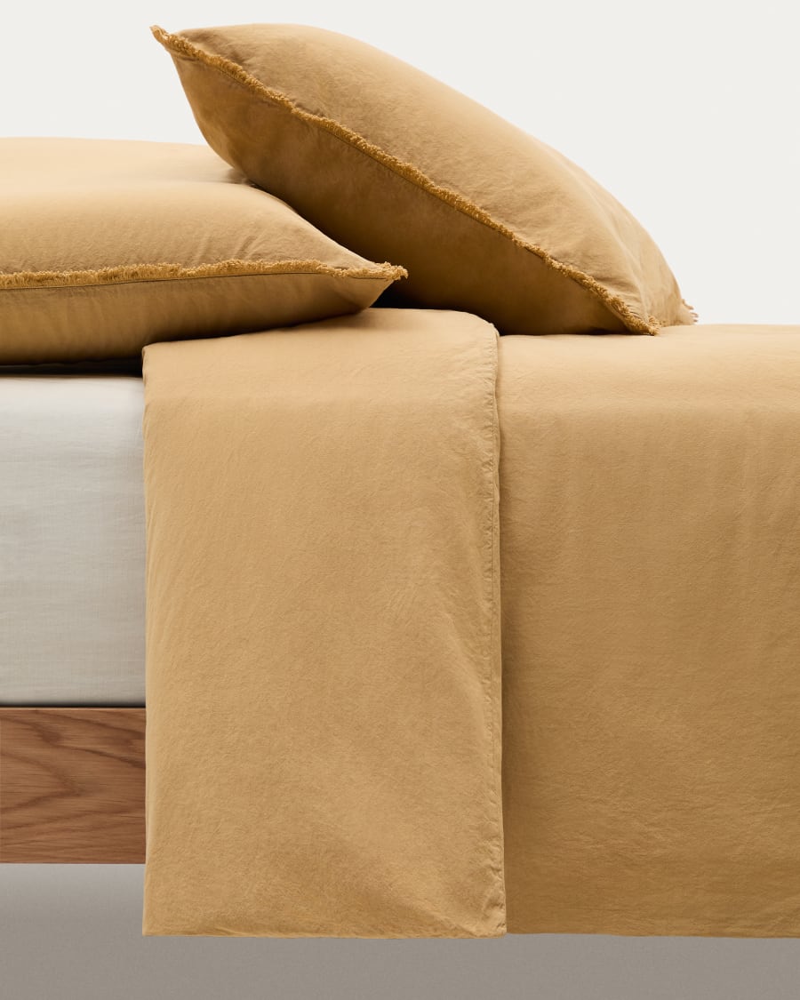 Sifinia mustard duvet and pillow cover set, 100% cotton percale fringes