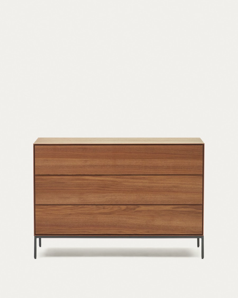 Vedrana 3 drawer chest of drawers in walnut veneer with black steel legs